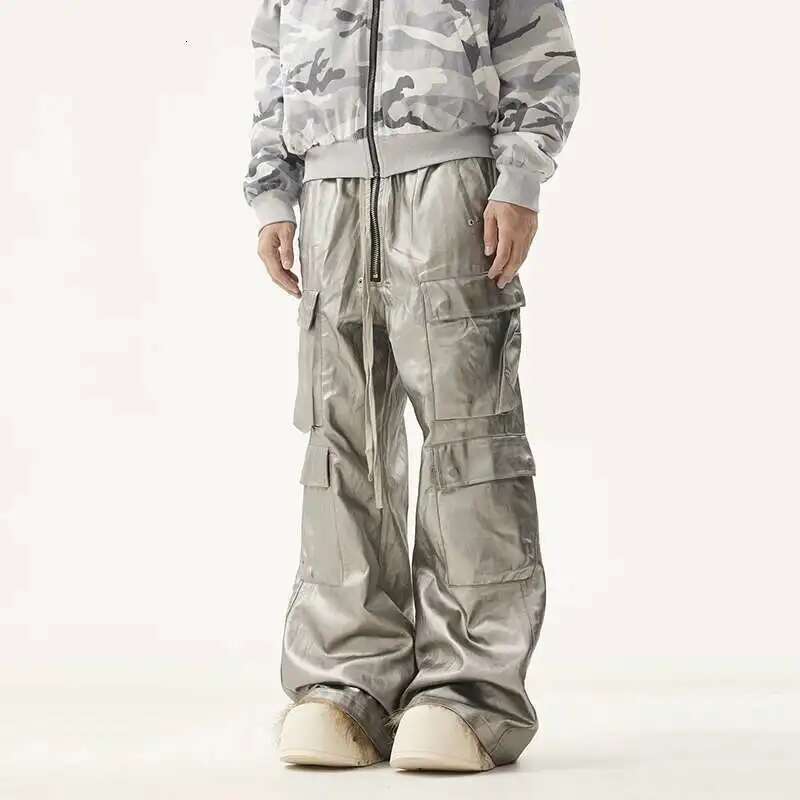 PFNW American Men's Trousers Drawstring Multiple Pockets Matte Coating Sier Stacking Slightly Flared Cargo Pants Tide 28W5487