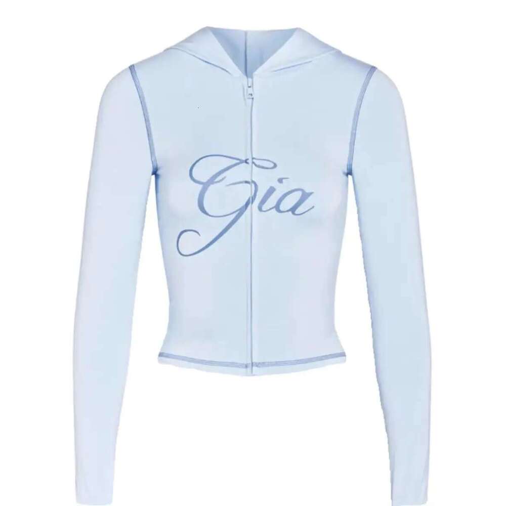 Iamgia Blue Cotton Zipper Hooded Long Sleeved High Stretch Top Low Waist Micro Flared Pants For Women 2024