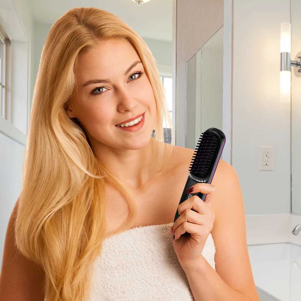 Cordless Hair Straightener Negative Ions Hair Straightener Digital Display Mini Hot Hair Comb Rechargeable for All Hair Types W250610
