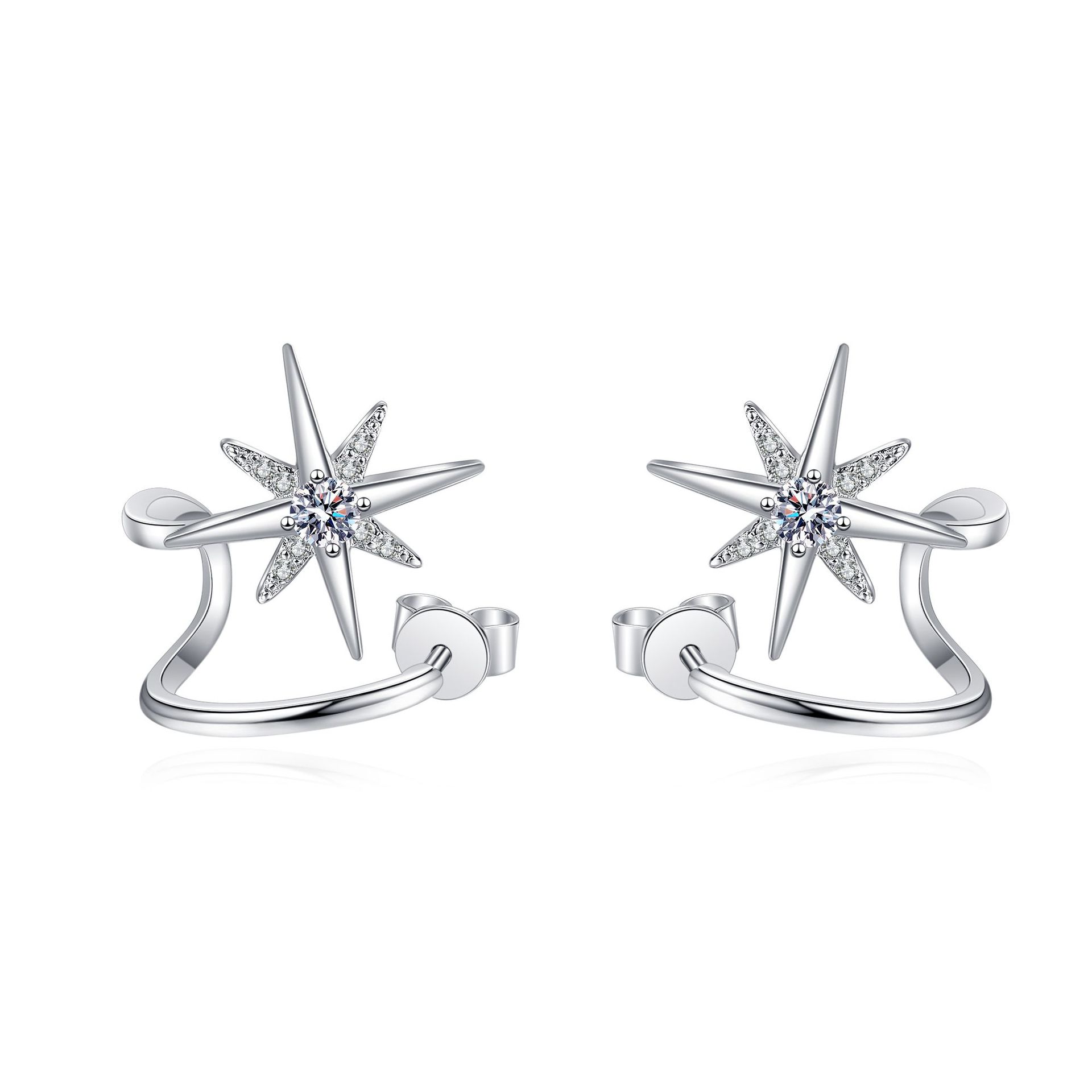 925 Sterling Silver Star Earrings with Moissanite, Snowflake Design, 28-Point Diamond-Like Sparkle, Perfect for Women