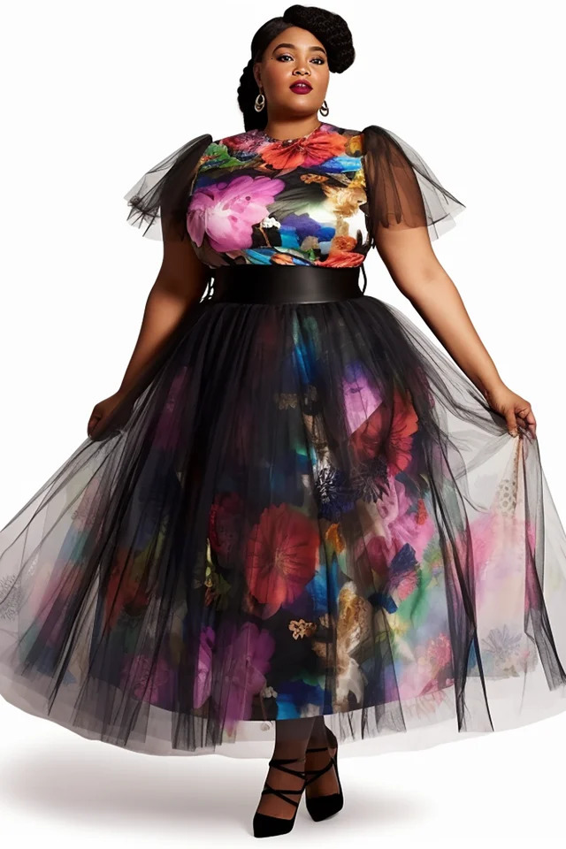Women Plus Size Dress Elegant Black Floral Autumn Fashion Round Neck Short Sleeve Wedding Guest Contrast Mesh Two Piece Dress 250520