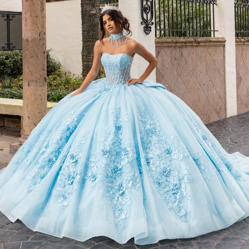 Sky Blue Quinceanera Dresses Off Shoulder Ball Gown Sweet 16 Dress Applique Flower Beads Bow Tull Birthday Party Vestidos 15 De Anos