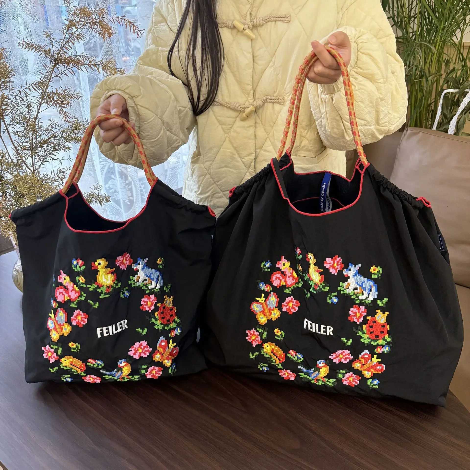 New Arrival Garland Embroidery Tote Bag Cute Duck Bird Shoulder Bags for Women Handbags Oversize Drawstring Shopper Purses Designer Eco Bag Z250521