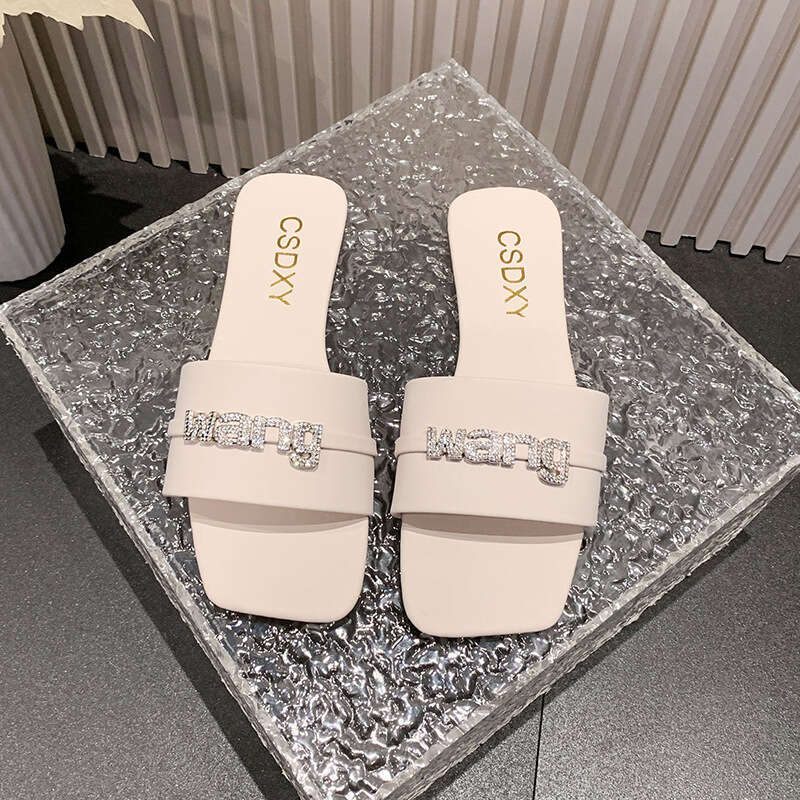 Wholesale Plus Size Super Sparkling Rhinestone Letter Flat Slippers 2025 Outdoor Fashion Outdoor Wear Beach Sandals Comfortable Wear-resistant Slipper