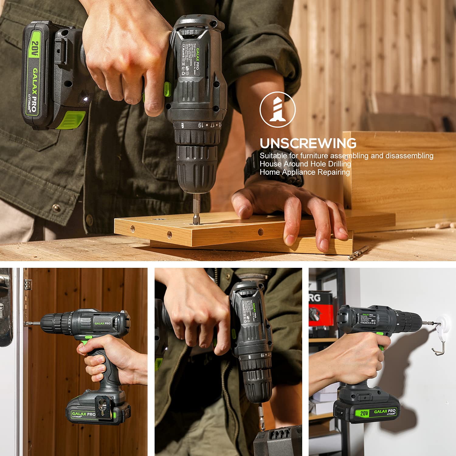GALAX PRO Cordless Drill Driver 20V 1.3Ah Battery Power Drill Driver with Single Speed 0-600RPM 3/8 Inch Keyless Chuck 19+1 Position with Battery and 