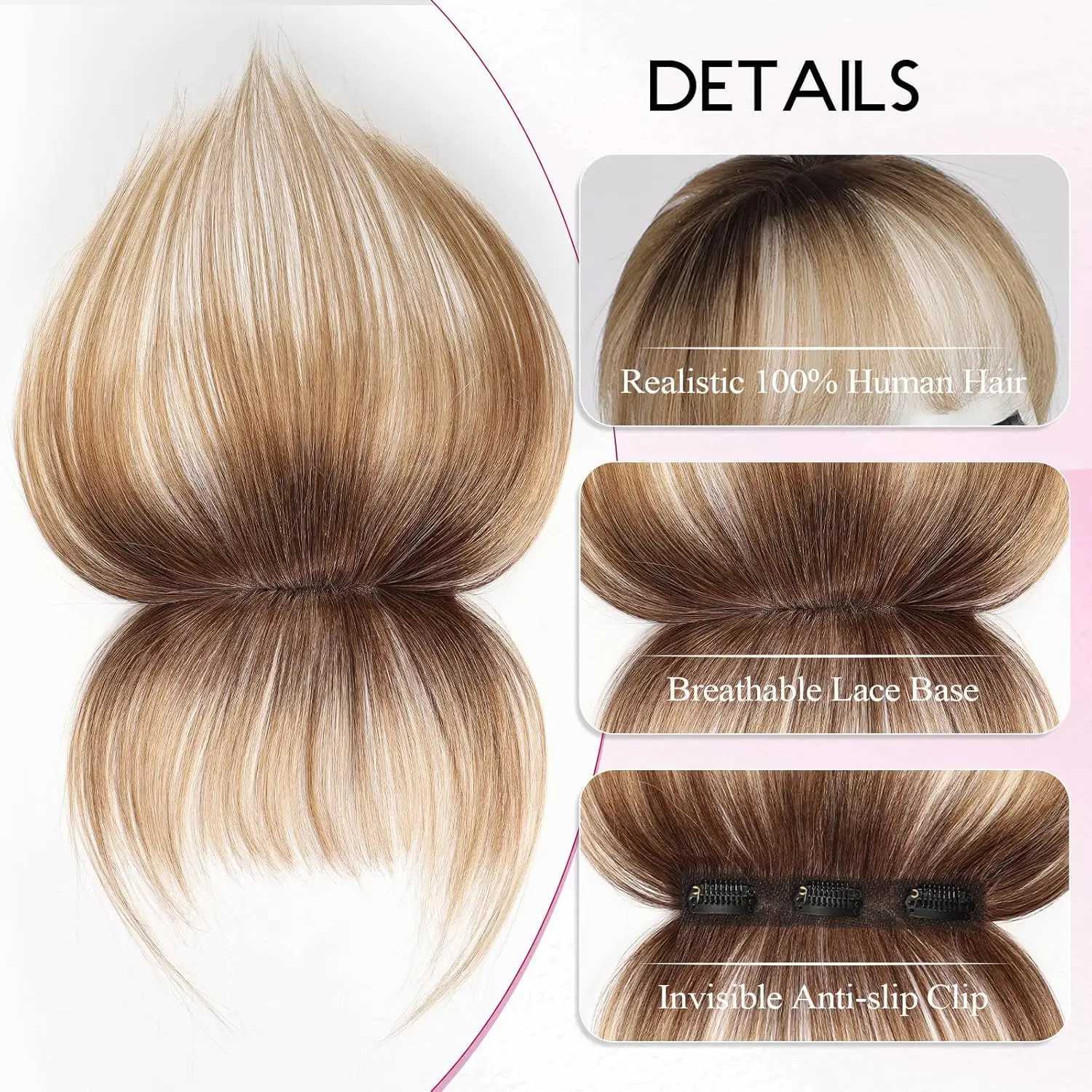 Ombre Brown to Blonde Clip 100% Real Human Wispy Hair Pieces 3 Secure Clips in Full Fringe Fake Bangs S25521