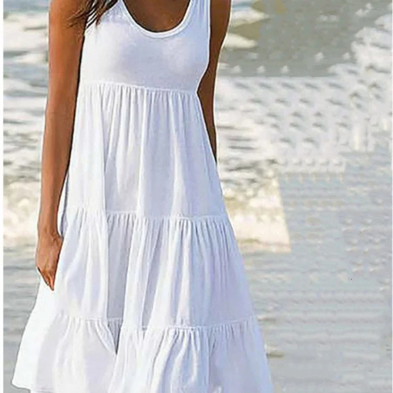 Bohemian Womens Casual O Neck Sleeveless Ruffle Mini Dress Solid Color Beach Tank Top Oversized Loose Dress Plus Size Women3029 250519