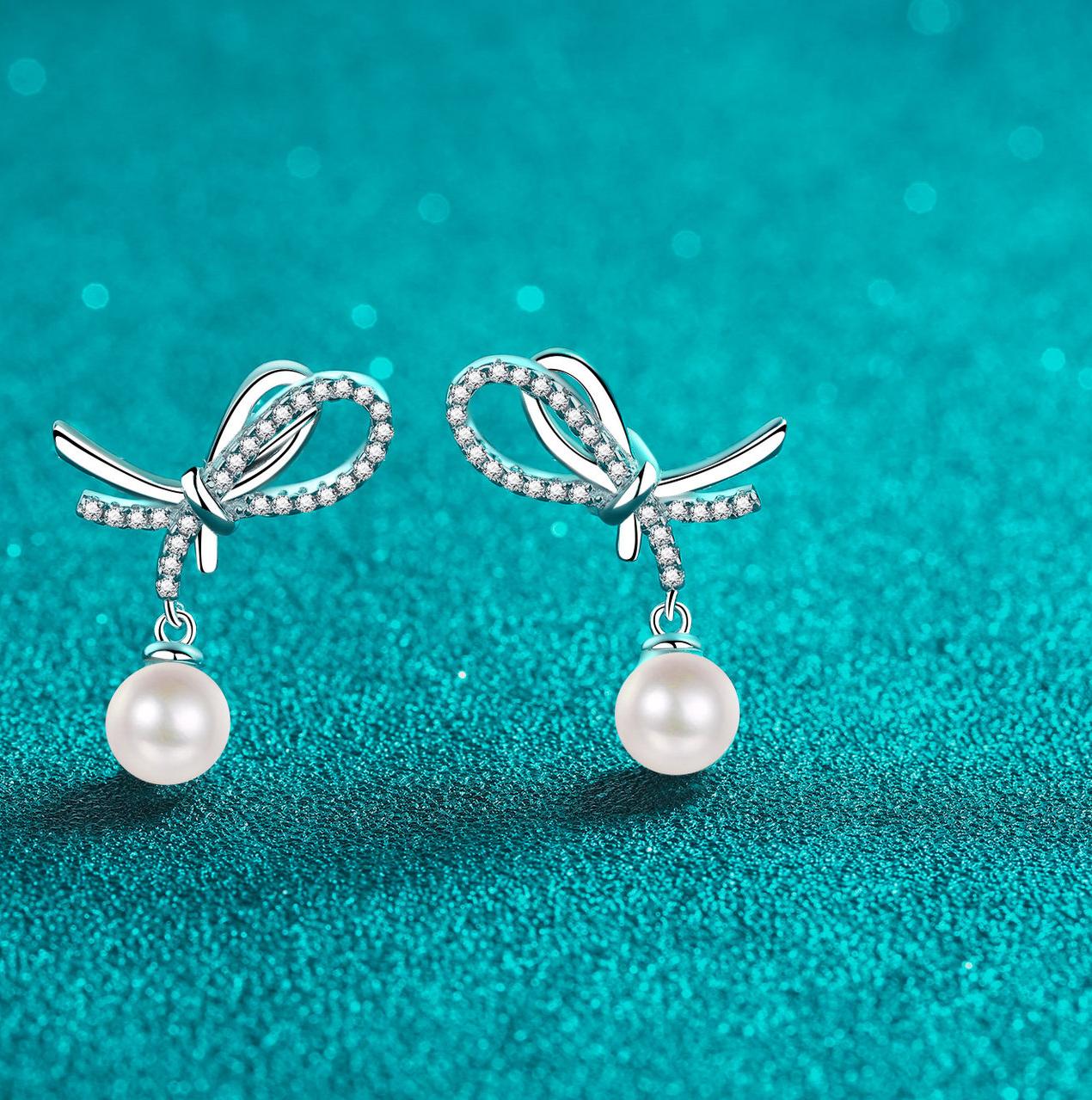S925 Sterling Silver Moissanite & Pearl Earrings with Butterfly Knot Design - Elegant and Timeless Jewelry for Women