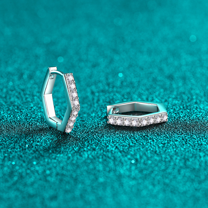 S925 Silver Hexagonal Moissanite Earrings with Simple Diamond Pave for Women | Elegant Minimalist Studs for Everyday Wear