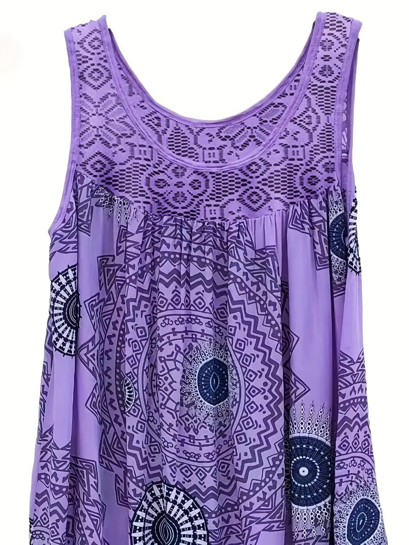 Plus Size 1XL-8XL Womens Sleeveless Dress Lace Panel Printing Sleeveless Large Hem Vest Dress 250520
