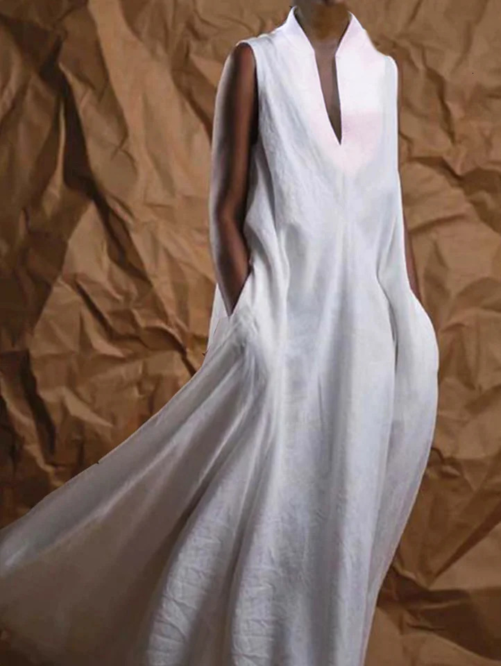 Plus Size Women Long Dress Pockets V-Neck Turtleneck Elegant Casual Sleeveless Summer Female Minimalist Maxi Dress Vestidos 250520