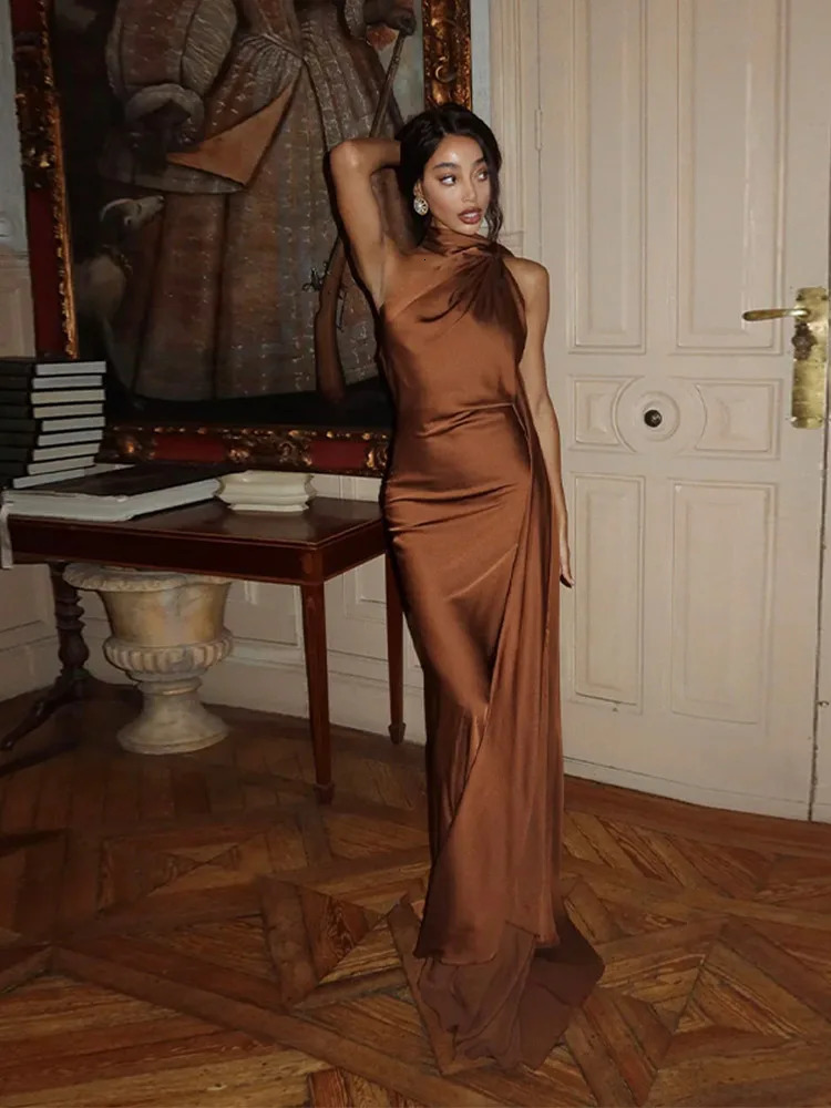 Elegant Womens Ribbon Long Satin Party Dress Halter Backless Sleeveless Female Dresses Summer Lady Solid Evening Gowns 250519