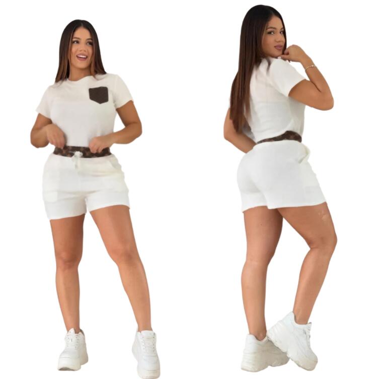Luxury womens suits summer casual jacquard pocket short sleeved T-shirt elastic shorts womens two-piece set