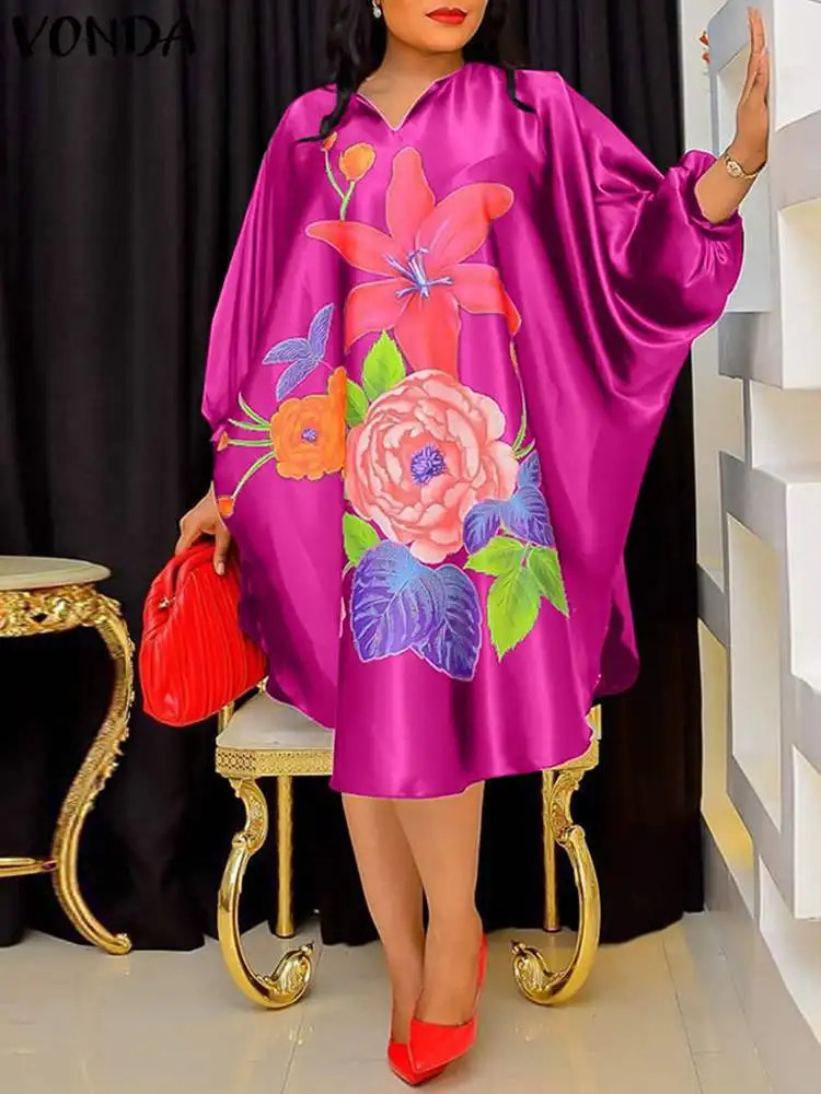 Plus Size 5XL VONDA Women Bohemian Sundress Autumn Floral Printed Elegant Midi Dress 3/4 Bat Sleeve Casual Loose Retro Robe 250520