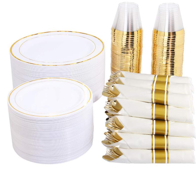 20PCS Plastic Dinnerware Set Guests Clear Gold Disposable Plates for Party Wedding Anniversary