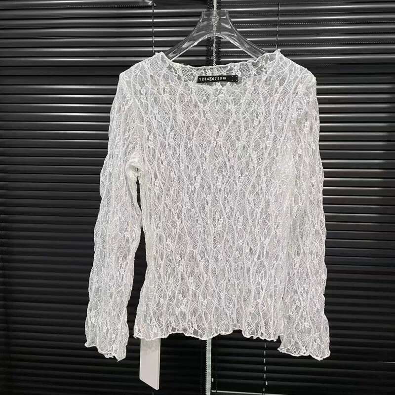 Fashion Lace Hollowed Out T-Shirt For Women Versatile Solid Color O-Neck Perspective Long Sleeve Tops Female New 11A03848