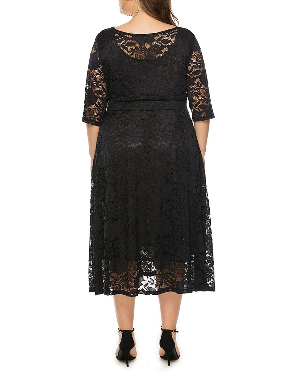 Elegant V-Neck A-Line Dress with Floral Lace Overlay and Pockets Perfect for Beach Parties and Evening Events in Plus Size 250520