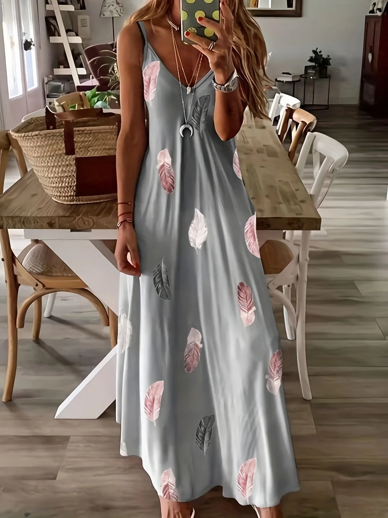 Europe and America Plus Size Womens Cross border Summer Sexy V-neck Feather Print Sling Dress 250520