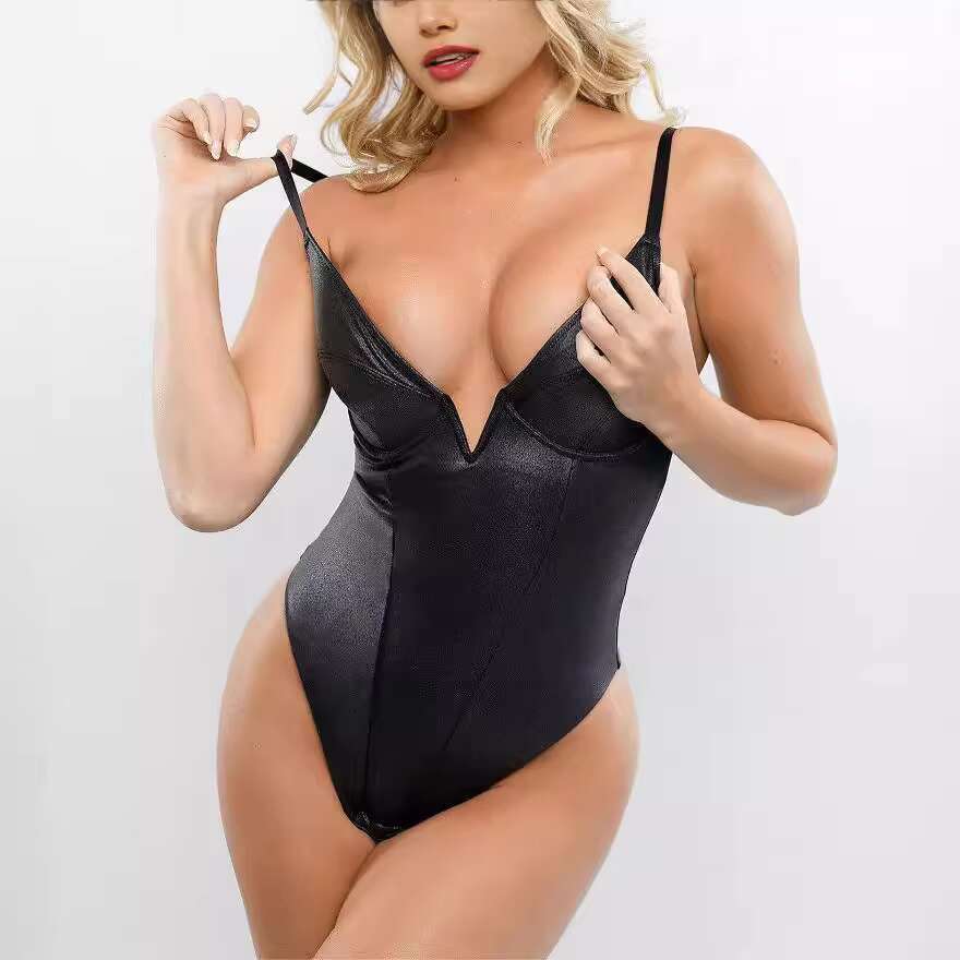 Sexy Deep V neck Leather Slim Fitting Jumpsuit Shaping Beauty Body Womens Bodysuit