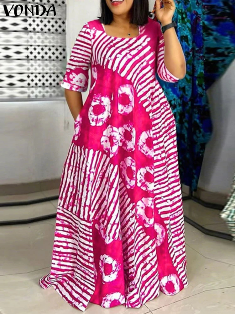 Plus Size Women Bohemian Maxi Dress Summer Printed Long Sundress VONDA Beach Party Vestidos Half Sleeve Casual Loose Robe 250519