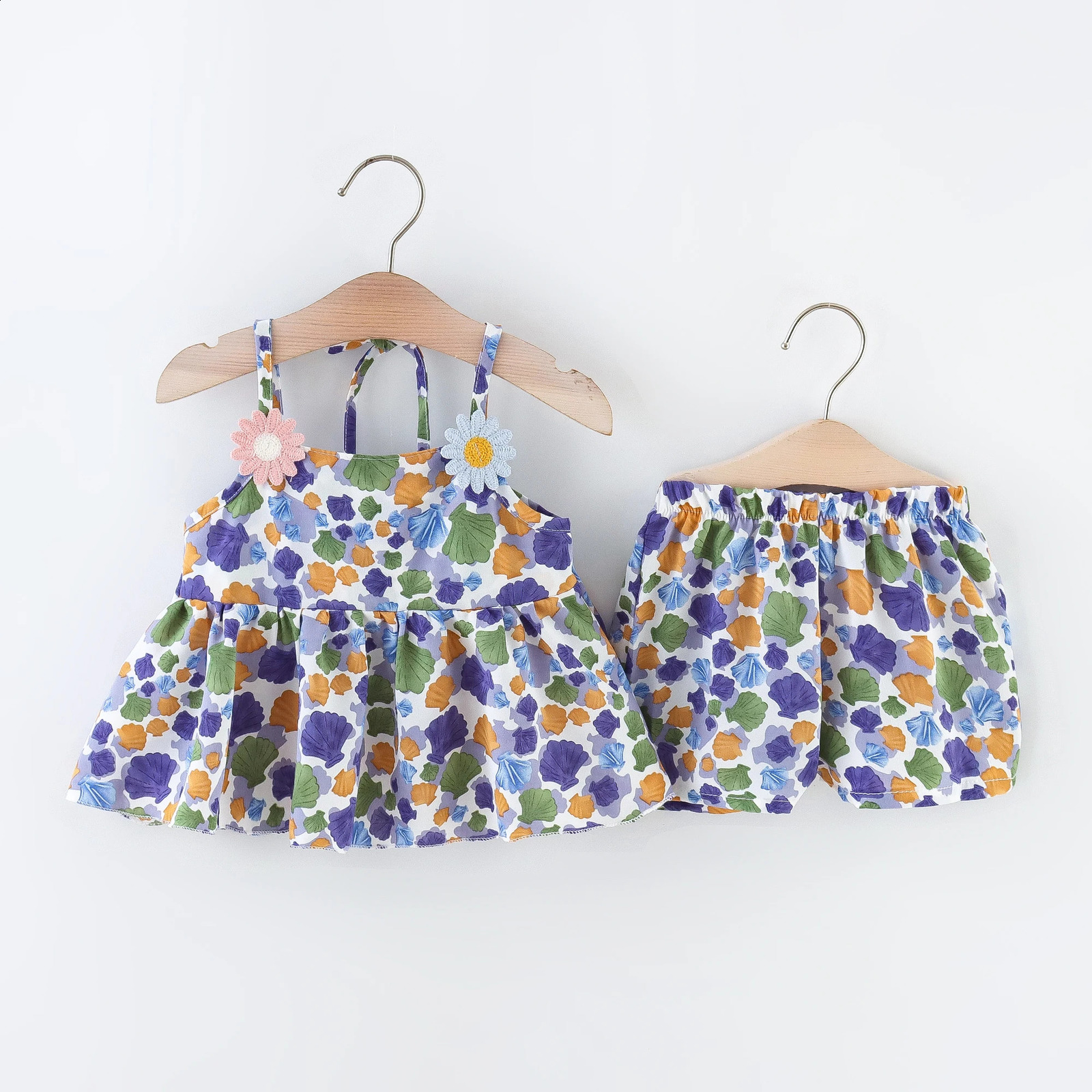 Summer 2pieceset baby girl suspender set cartoon colored shell print daisy shorts childrens clothing 250517z