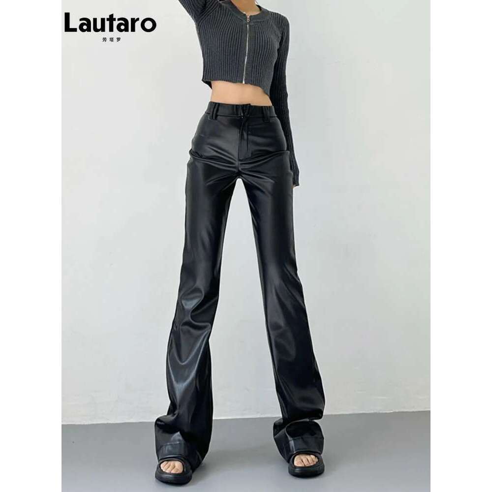 Lautaro Spring Autumn Cool Casual Soft Black Pu Leather Floor Length Flare Pants For Women High Waist Korean Style Fashion 2023
