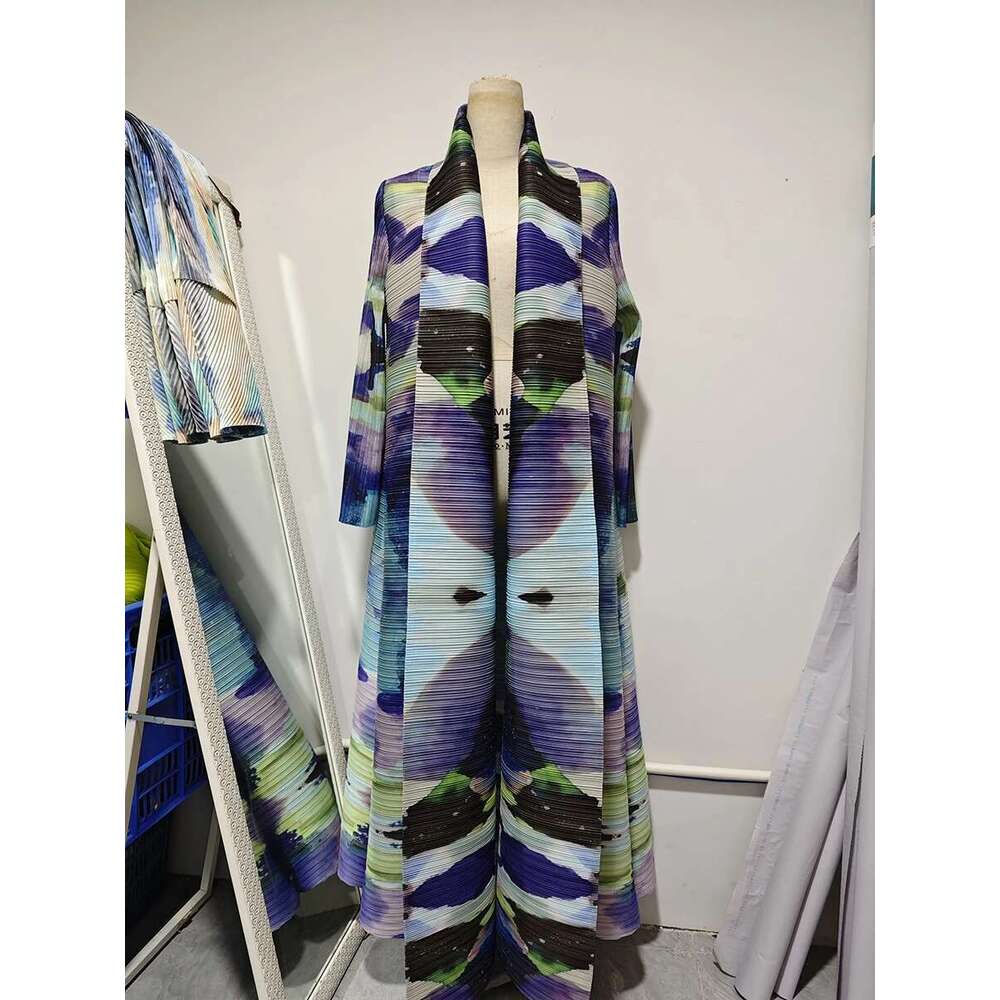 Miyake Pleated Turndown Collar Sleeve Abaya Women 2025 New Autumn Winter Original Designer Dubai Fashion Printed Long Coats