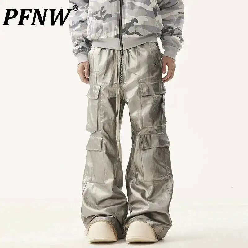 PFNW American Men's Trousers Drawstring Multiple Pockets Matte Coating Sier Stacking Slightly Flared Cargo Pants Tide 28W5487