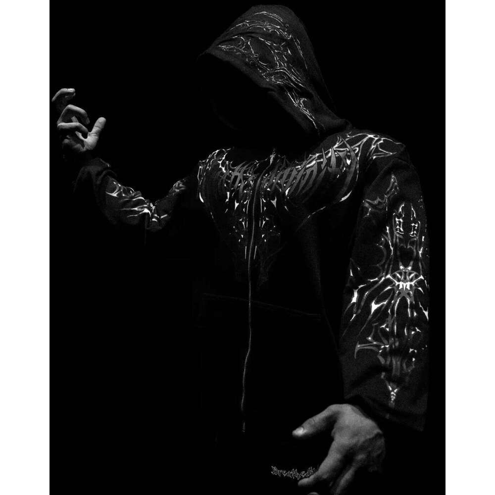 2000s Breathedivinity Gothic Style Pattern Hoodie Oversized Popular Sweatshirts Dark Textured Cool Print Man Coat Jacket