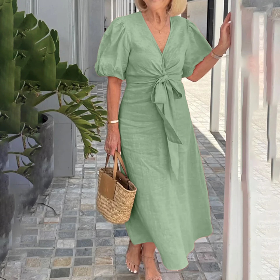 Plus Size Womens Solid Elegant V-Neck Lace-Up Puff Sleeve Maxi Dress Summer Casual Beach Sundress for Ladies XL 2XL 3XL 4XL 5XL 250520