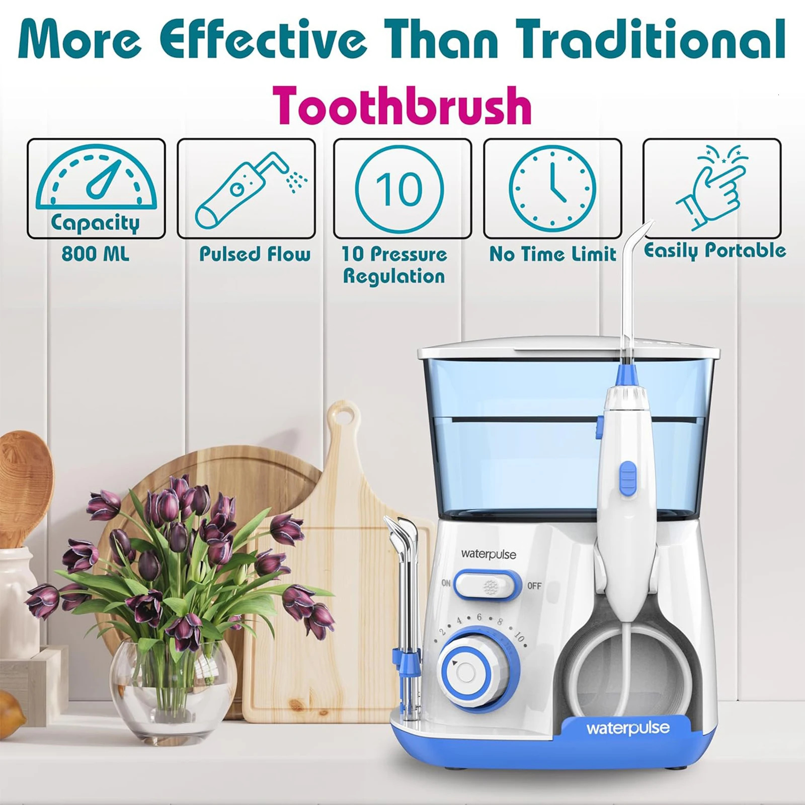 Waterpulse Electric Water Flosser Oral Irrigator 800ML Large Capacity Dental Hygiene Flossing Teeth Cleaner with 5x Tips 250519