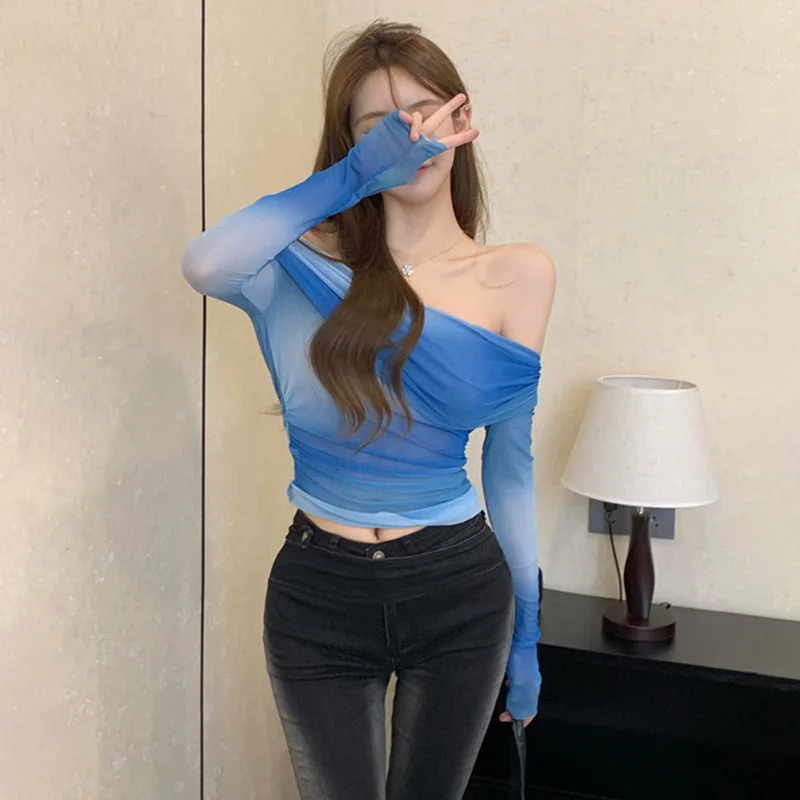 Women Sexy Crop T-shirts Ruffles Mesh Patchwork Long Sleeve Tops Korean Style Slim Blouse Top Lady Autumn Off Shoulder Tops 250516