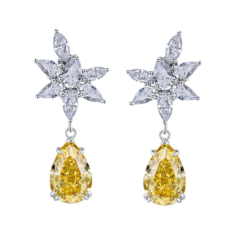 Exquisite S925 Sterling Silver Yellow Gemstone Drop Earrings with Zirconia, Elegant and Fashionable Jewelry