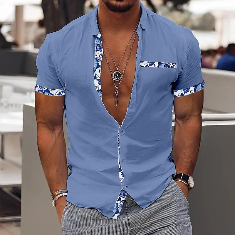 Fashionable Mens Hawaiian Shirt Casual Solid Color Printed Beach Pocket Short Sleeve Large Size 5XL Style Multi 250516