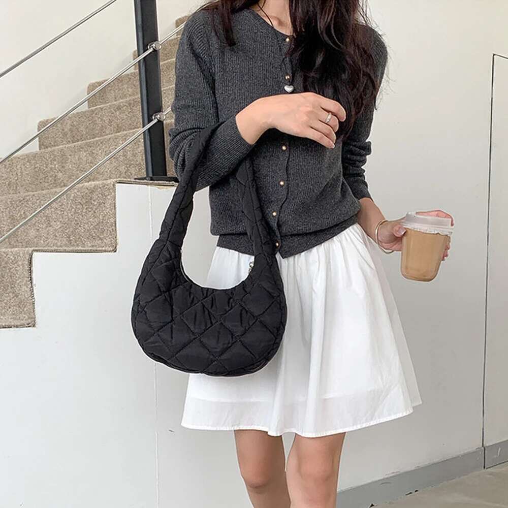 Women's Puffy Cotton Shoulder Bags Autumn&Winter Quilted Padded Tote Handbag Ladies Puffer Underarm Nylon Small Crescent Bag