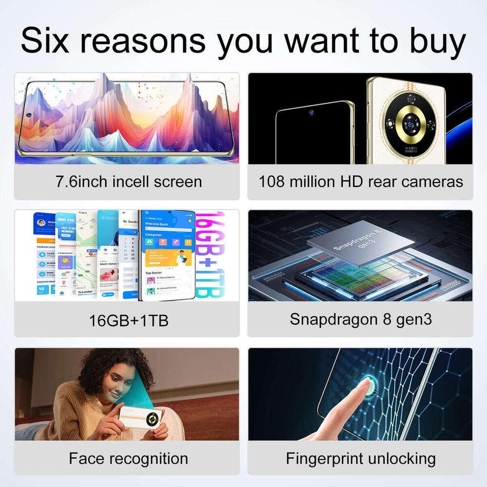 Mobile Phone 5g 11 Pro+ Gaming phone 7.5inch 16GB+1TB smartphone unlock touch screen 108MP high-definition camera fingerprint unlock facial recognitio