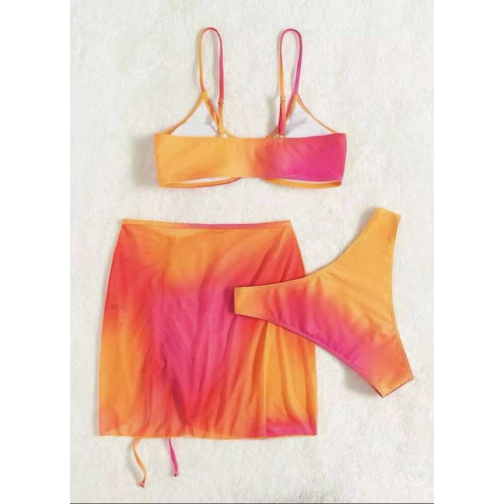 DHEssentials Custom New Tie Dye Sexy 3 Piece Bikini With Mesh Sarong Cover up Triangle Swimsuit Women Thong Swimwear