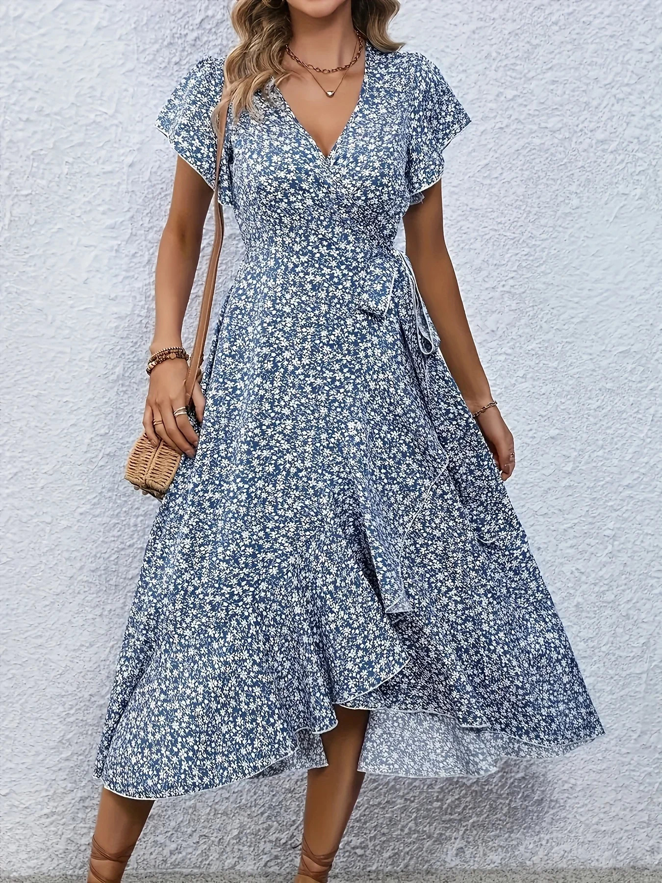 Plus Size 1XL-5XL Womens V-Neck Floral Print Dress Breathable Summer Casual Elegant Dress Sophisticated Style Long Beach Dress 250520