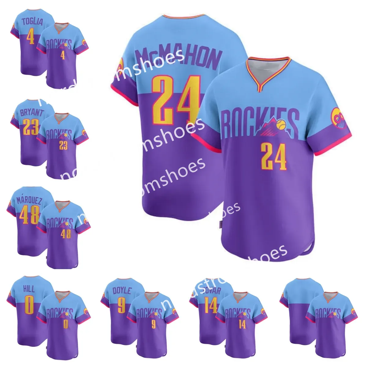 Colorado''Rockies''Purple 24 Ryan McMahon 23 Kris Bryant 14 Ezequiel Tovar 0 Jaden Hill 48 German Marquez Custom 2025 City Connect Limited Jersey