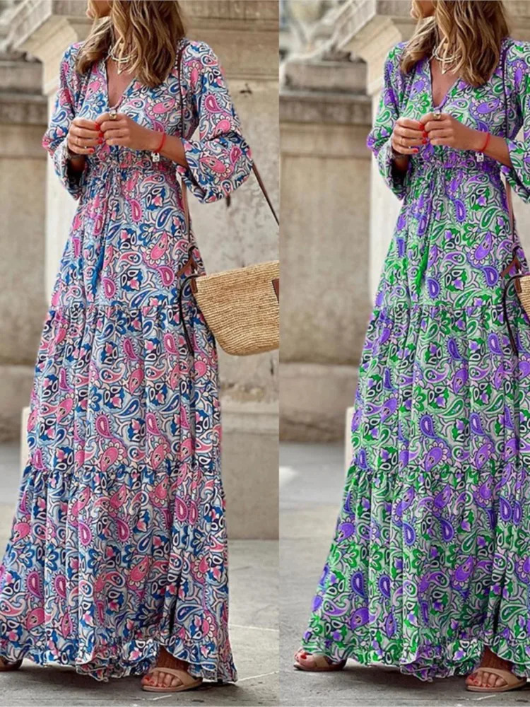 Womens Autumn Fashionable Printed Sexy V-neck Long Sleeve High Waist Elastic Waist Medium Length Bohemian Dress 250519