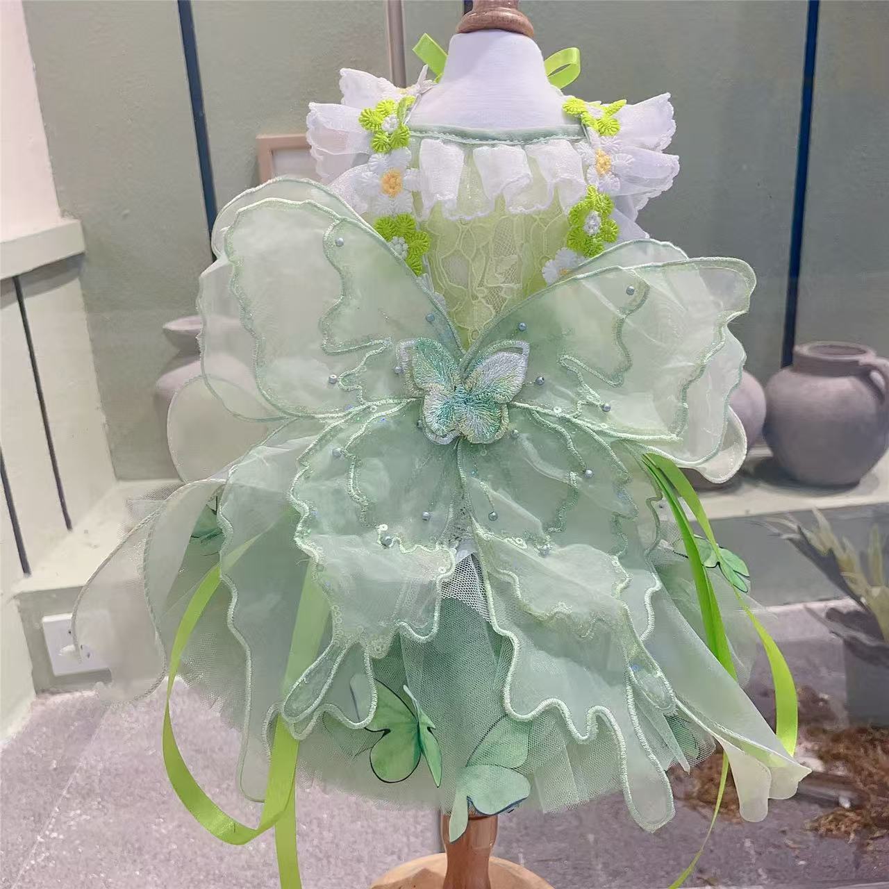 Pet dress - Spring girl - Green butterfly wings - Little bear - Foamy original haute couture - Big bear teddy - Poodle - Golden retriever - Corgi dres