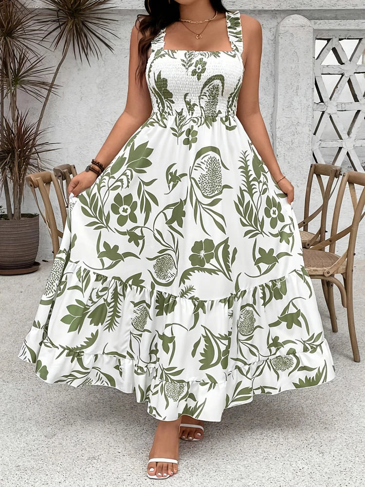 Plus Size Summer Holiday Floral Halter Dress with Ruffle Hem and Gathered Bust Plus Size Dress Polyester 250520