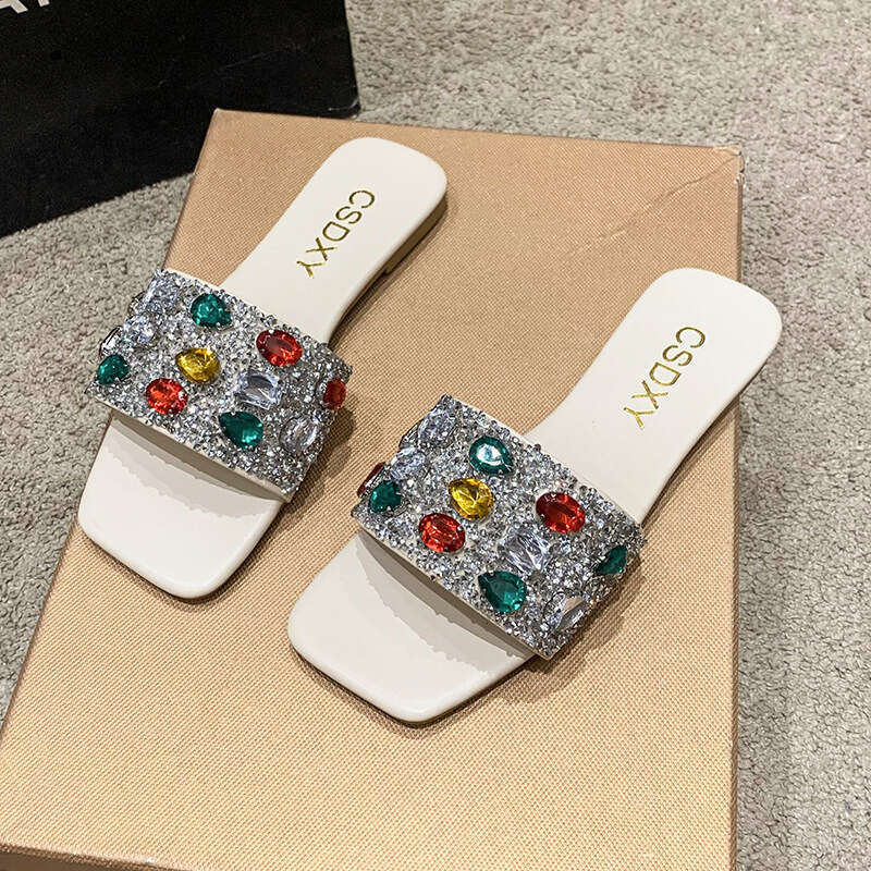 Designer Sandals Colored Gemstone One Word Casual Sandals Flat Slippers 2025 Summer Outdoor Fashion Beach Slippers