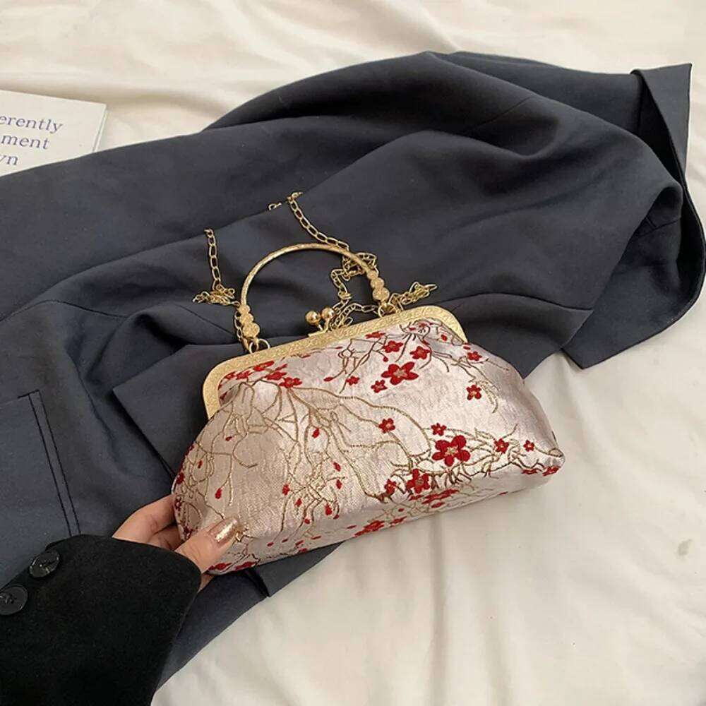 ddmy Clasp Frame Embroidery Chinese Style Handbag Purse Print Chain Shoulder Pouch Nylon Large Capacity Ladies Clutch Bag