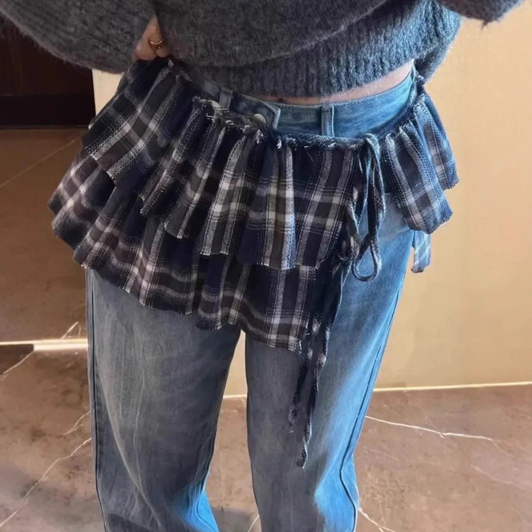 Double Layers Plaid Tassels Edge Mini Skirts With Lace Up Women High Waist ALine Skirt Korean Cotton Baking Cake 250513Z