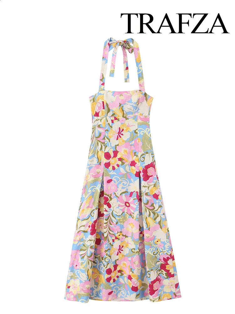 TRAFZA Womens Fashion Blended Print Midi Long Sleeveless Dress Female Sexy Backless Halter Neck Collar Bow Laceup Aline 250520