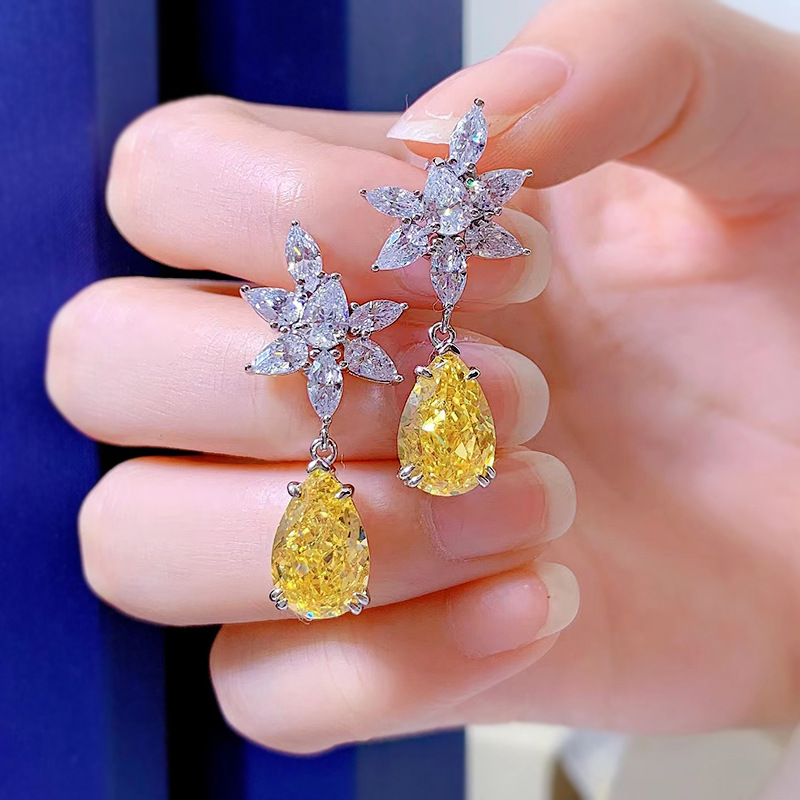 Exquisite S925 Sterling Silver Yellow Gemstone Drop Earrings with Zirconia, Elegant and Fashionable Jewelry
