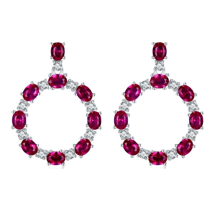 Exquisite S925 Sterling Silver Earrings with Oval Red Ruby & High-Carbon Diamonds - Elegant Dazzling Design