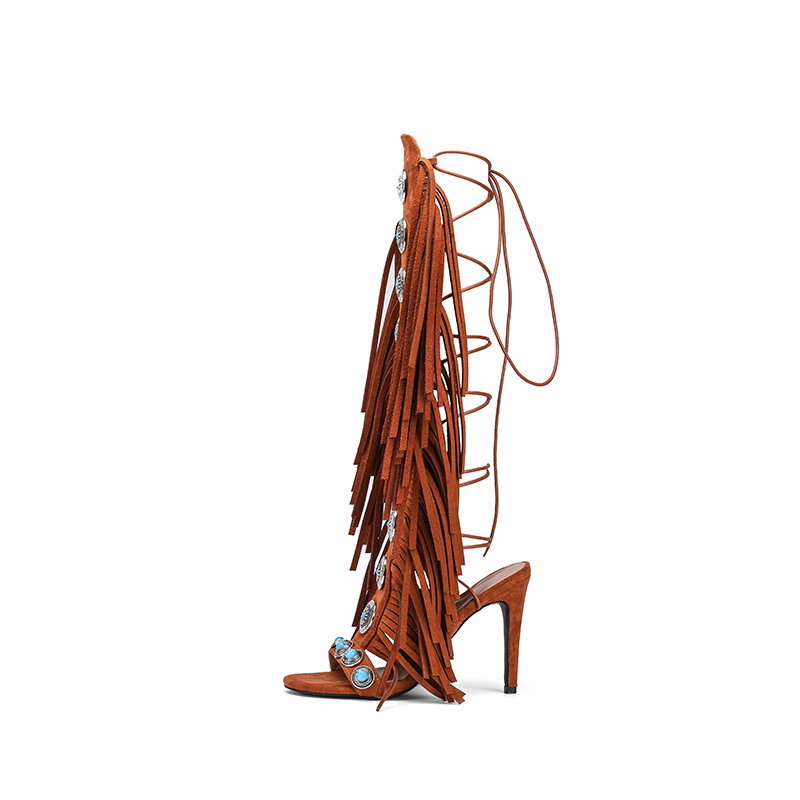 Real cow suede leather tassels women sandals peep toe jewel lace up 10cm high heels