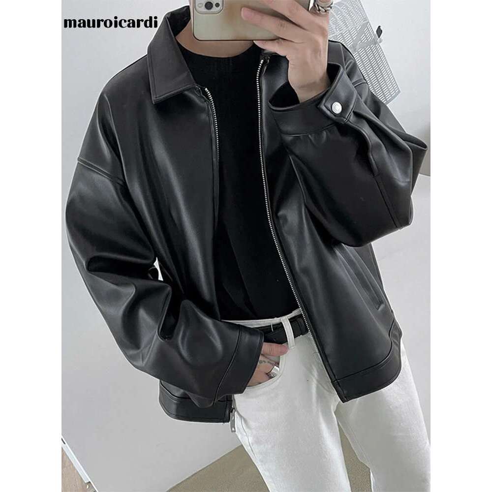 Mauroicardi Spring Autumn Cool Short Black Soft Light Pu Leather Jacket Men Zipper Casual Mens Jackets And Coats Fashion 250524